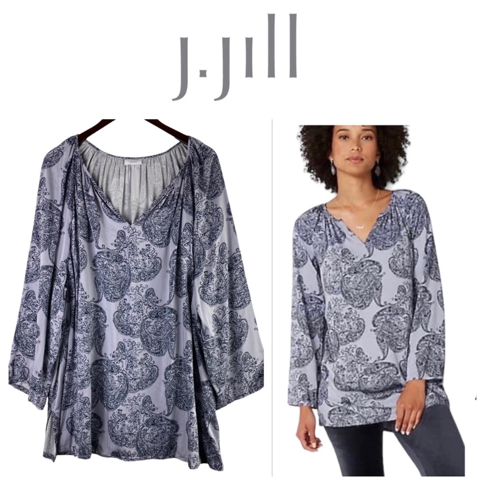 J Jill Pure Jill Sz 3X 22 24 Top Shirt Tunic Blue Damask V-Neck Flowy Boho